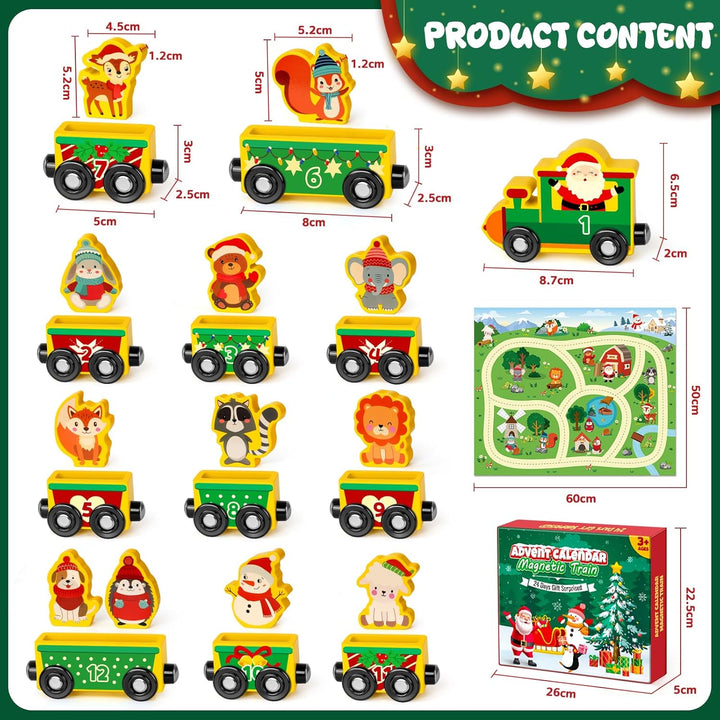 Adventskalender 2025 Kinder, Weihnachtskalender Kleinkind Baby Magnetischer Holzzug, 24 Tage Advents