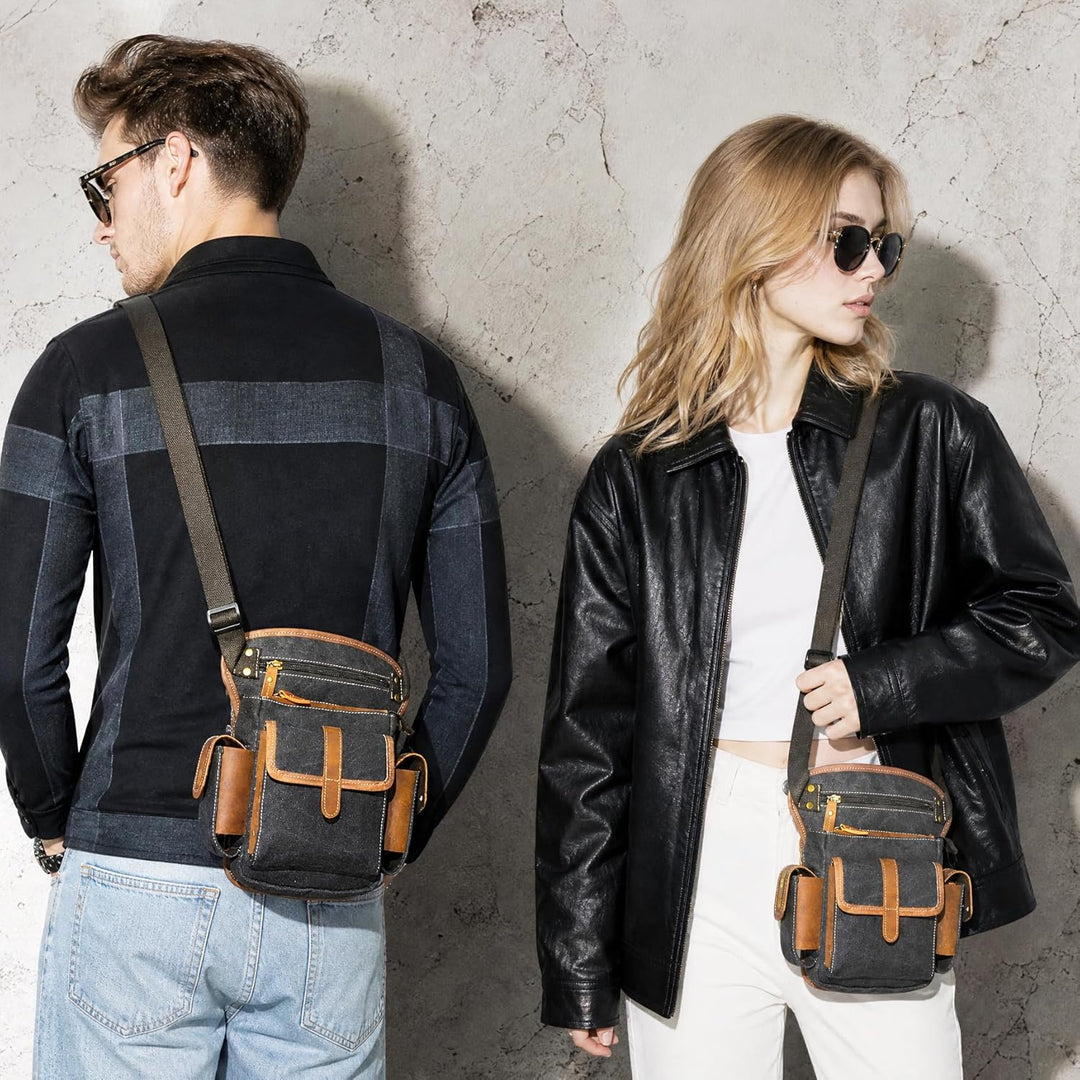 Herren Canvas + Leder Motorrad Reiten Tasche Beinbeutel Beintasche Aussenbeintasche Hüfttasche Drop