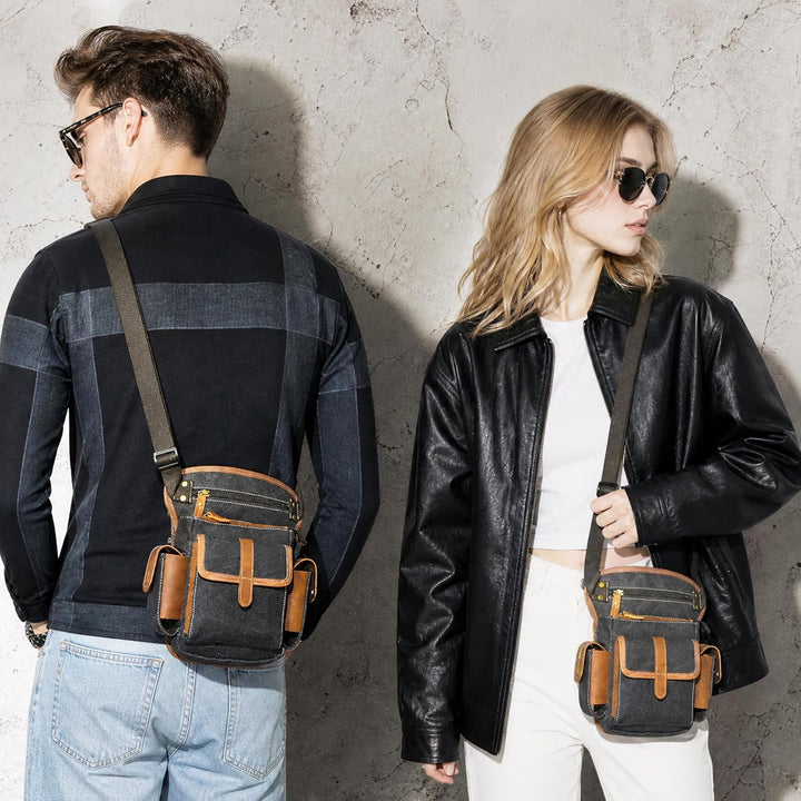 Herren Canvas + Leder Motorrad Reiten Tasche Beinbeutel Beintasche Aussenbeintasche Hüfttasche Drop