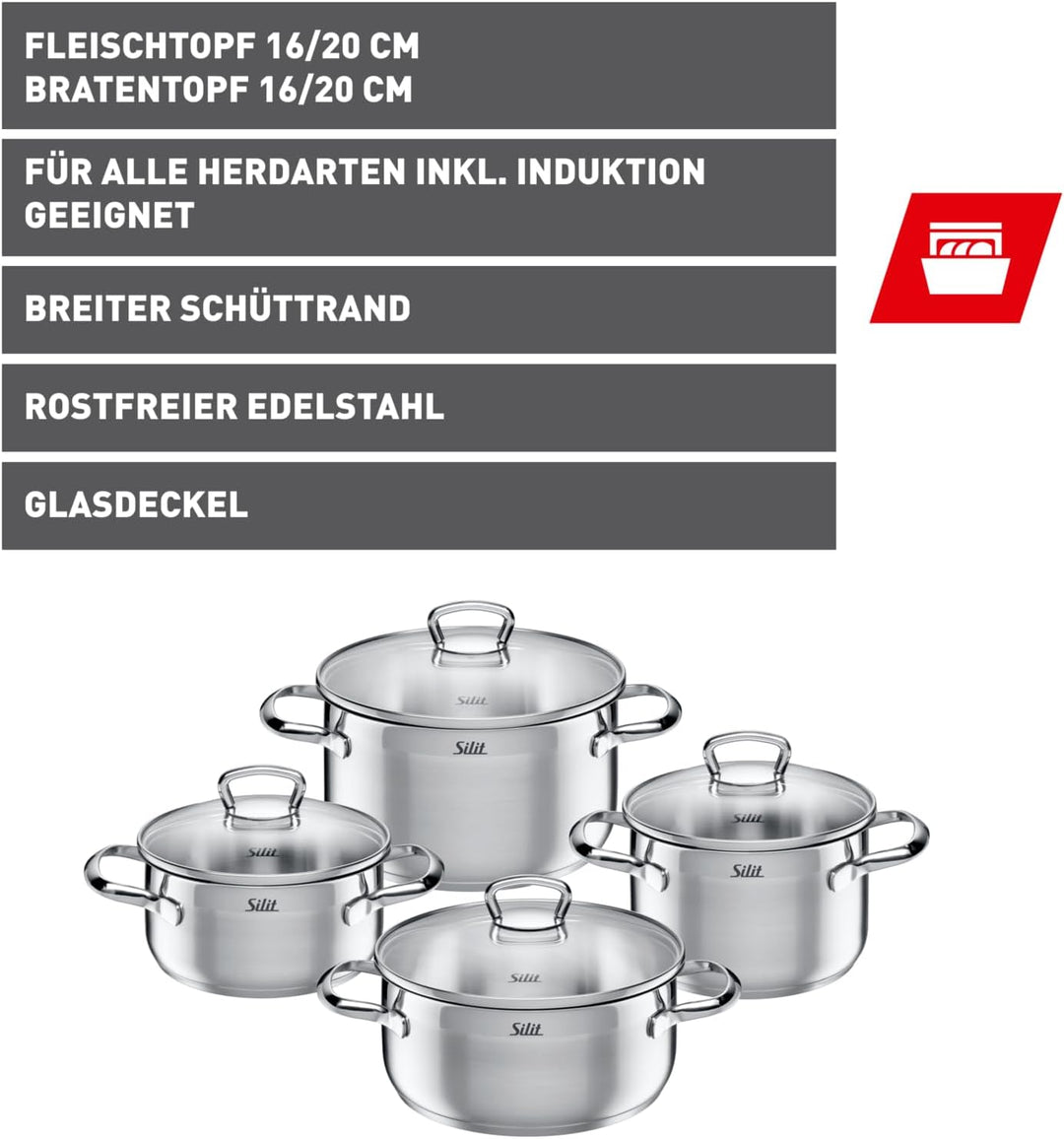Silit Toskana Topfset Induktion 4-teilig, Kochtopf Set mit Glasdeckel, Edelstahl teilmattiert, Induk
