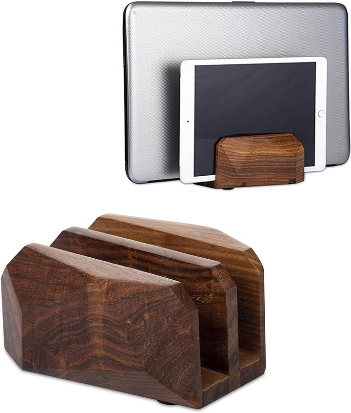 DnU Avenue Wooden Laptop Stand Dual Slot – Vertical Holder Docking Station for MacBook, Tablets & La
