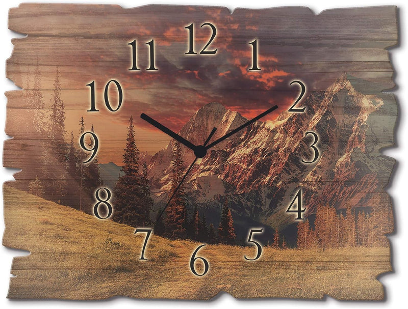 ARTLAND Wanduhr ohne Tickgeräusche aus Holz Funk Uhr lautlos 40x30 cm Rechteckig Alpen Landschaft Be