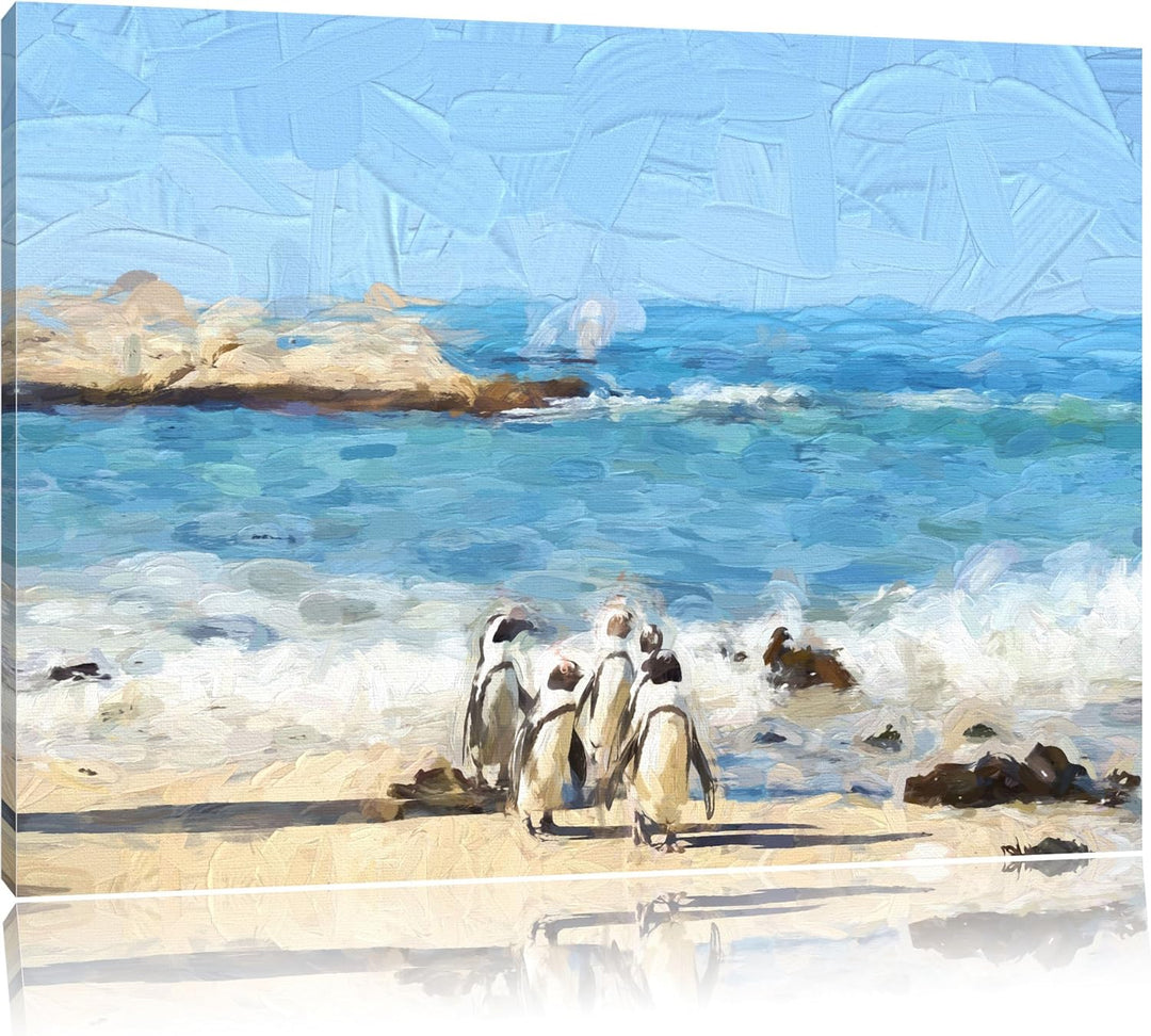 Pinguine am Strand als Leinwandbild/Grösse: 100x70 cm/Wandbild/Kunstdruck/fertig bespannt, 100x70