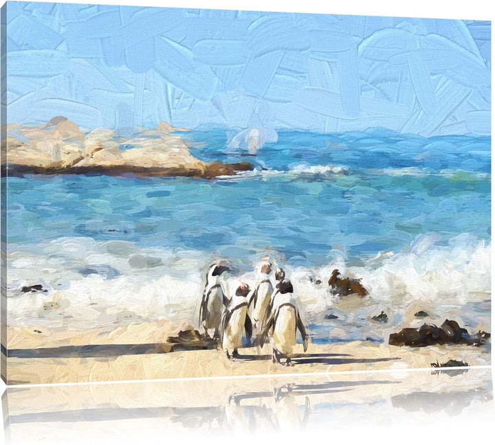Pinguine am Strand als Leinwandbild/Grösse: 100x70 cm/Wandbild/Kunstdruck/fertig bespannt, 100x70