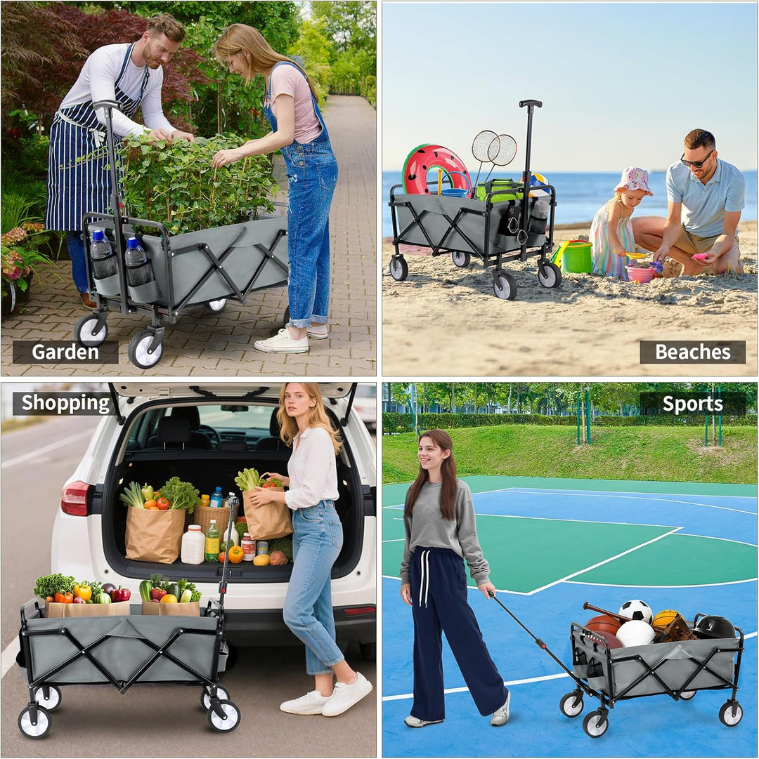 Bollerwagen Faltbar Handwagen All Terrain Räder, Gartenwagen mit Getränkehalter verstellbarem Griff,