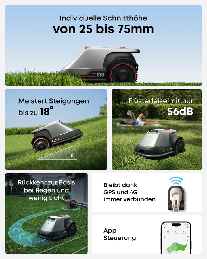 eufy Mähroboter E18 Set mit Garage &amp; Ersatzklingen, ohne Begrenzungskabel | Bis zu 1200m², TrueVisio