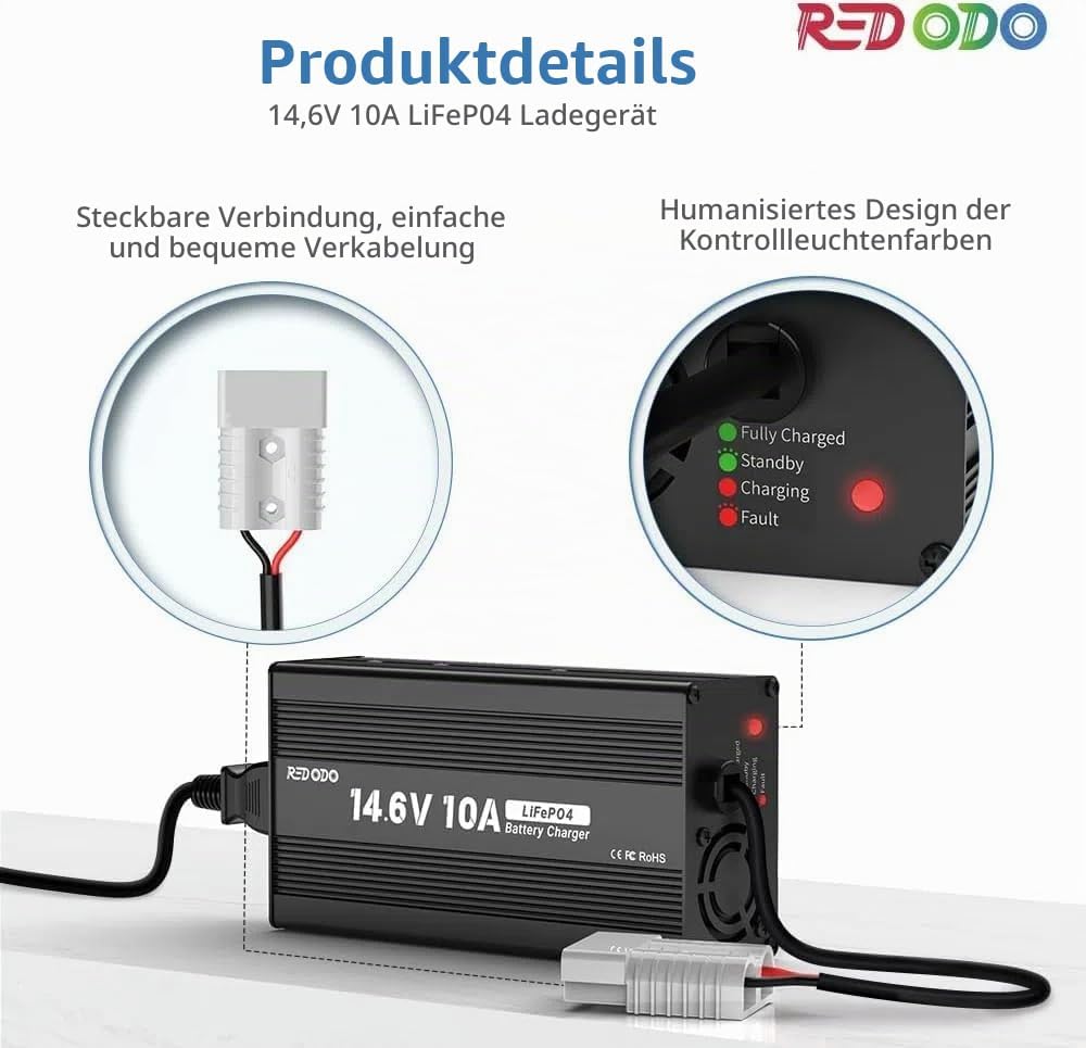 Redodo 14,6V 10A Lifepo4 Batterieladegerät für Lithium-Eisenphosphat-Batterien, unterstützt schnelle