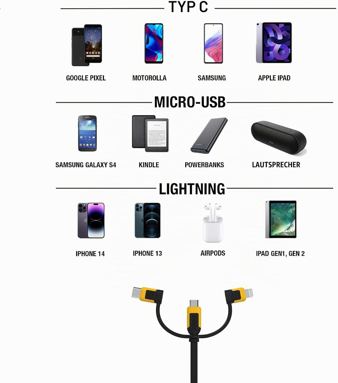 DEWALT 3-in-1 einziehbares Kabel - Multi-Ladekabel - Lightning, Typ C, Micro-USB-Kabel - Ladekabel f