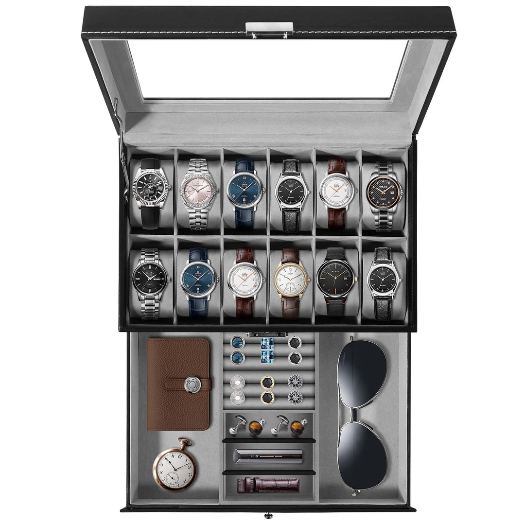 Uten Uhrenbox 12 Uhren, Uhrenkasten Herren, Schmuckkästchen Damen, Uhrenkoffer mit Schublade, Schlüs