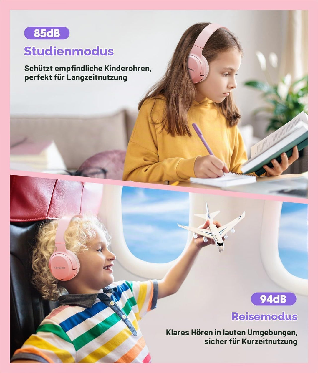 Kinder Kopfhörer Wireless 60H, Faltbare On Ear Kopfhörer mit MIC, Lautstärkebegrenzer 85dB/94dB Drah