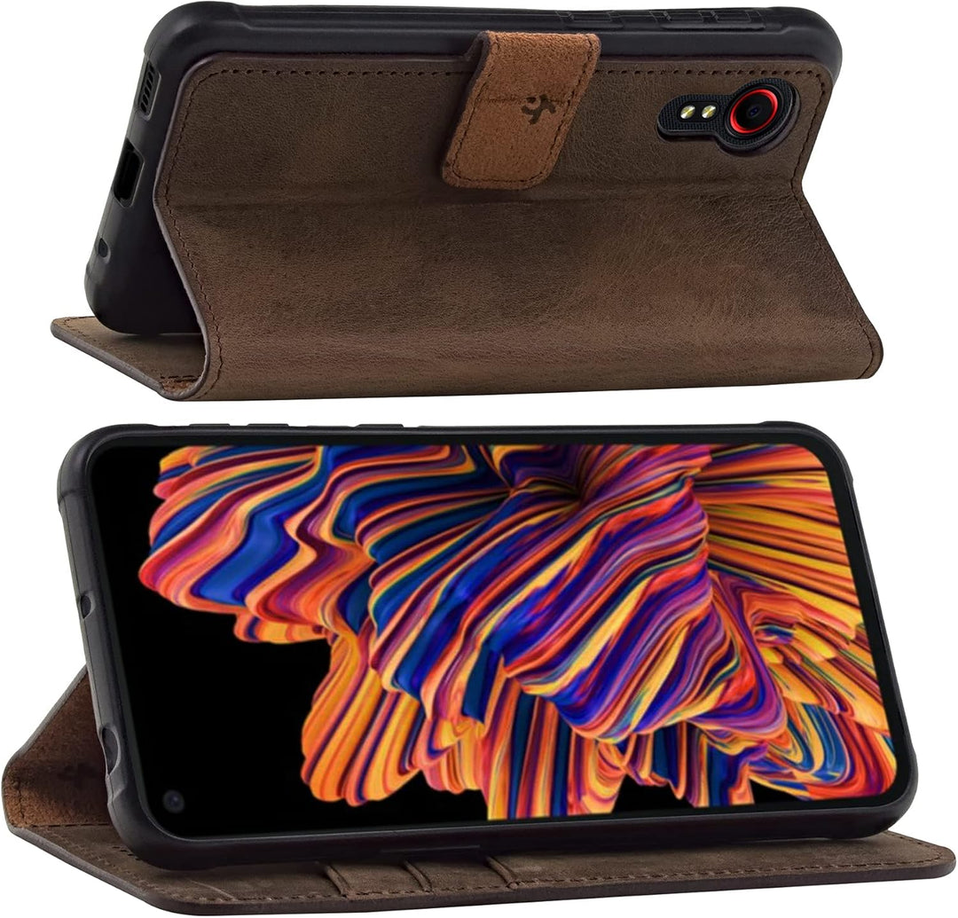 Suncase Book-Style Hülle kompatibel mit Samsung Galaxy Xcover 5 Leder Tasche (Slim-Fit) Lederhülle H