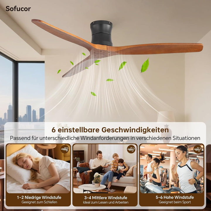 Sofucor 132cm Deckenventilator mit Fernbedienung, Massivholz Deckenventilator ohne Licht, Leise DC M