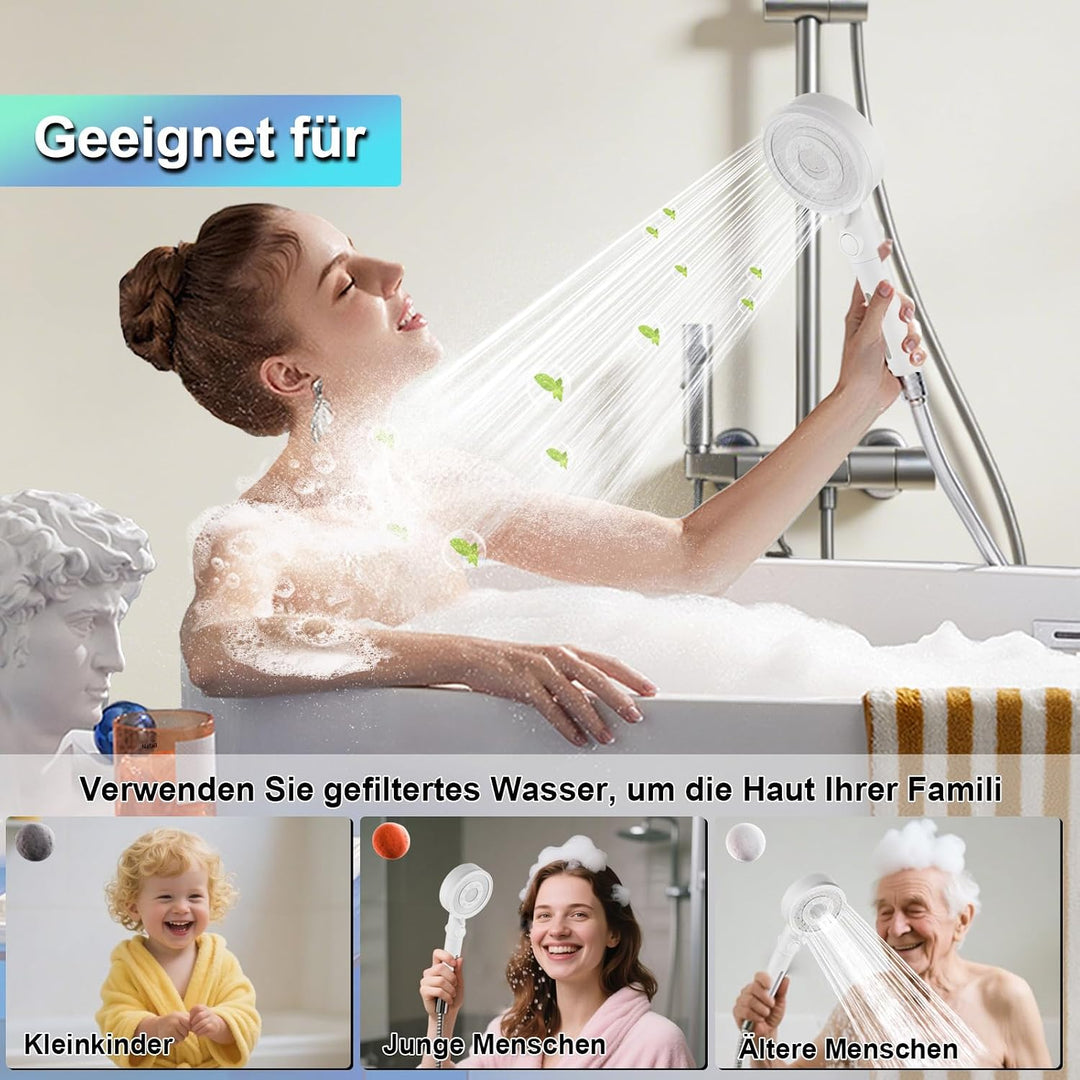 Duschkopf mit 4 PP Filter, Hochdruck Duschkopf Weiss | Handbrause mit 5 Sprühmodi, wassersparender D