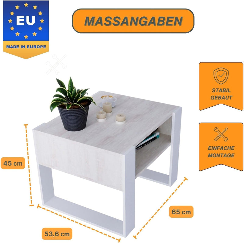 CraftPAK Wohnzimmer Tisch für Couch aus hochwertigem Holz, Stabiler & moderner Couchtisch mit zusätz