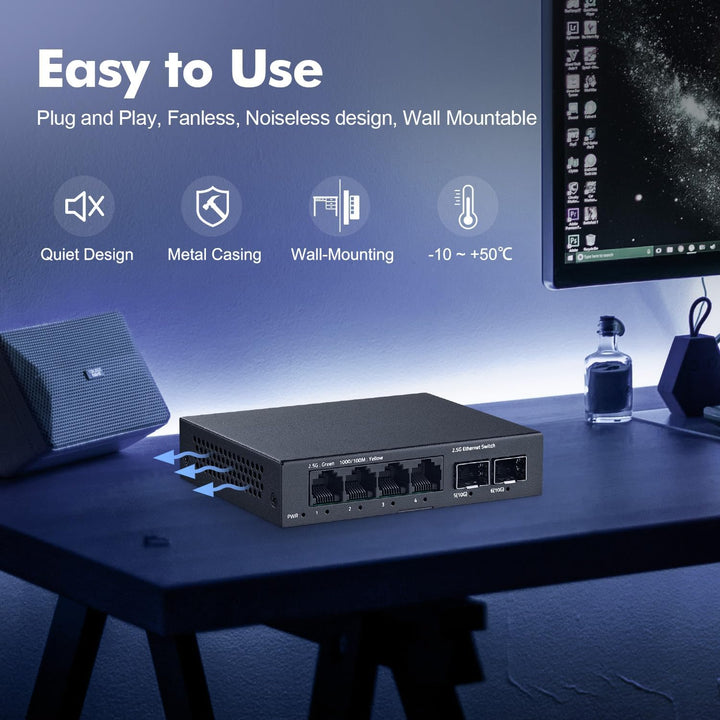 YuLinca 6 Port 2.5G Unmanaged Switch, 4 x 2.5GBASE-T Ports mit 2 x 10G SFP+, 60Gbps Switching Kapazi