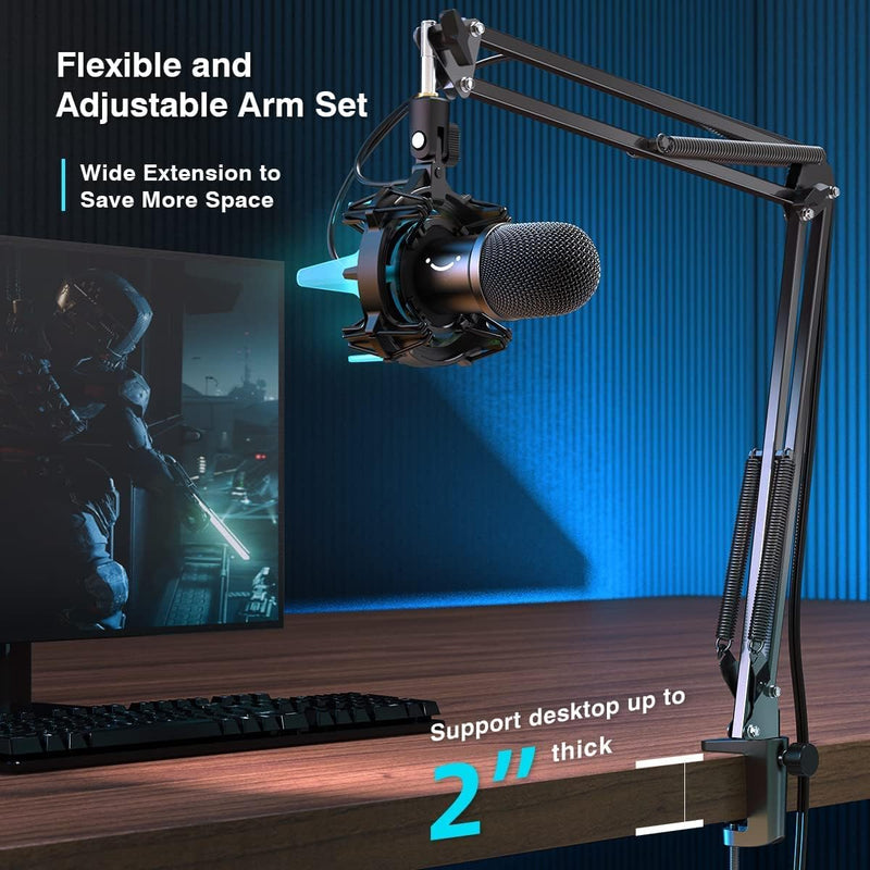 FIFINE Gaming Mikrofon PC mit Arm, 8 RGB Steuerungsmodi USB Microphone für MAC PS4 PS5, Dynamisches
