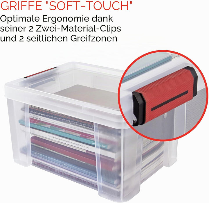 SUNDIS Clip'N Store, 3er-set Aufbewahrungsboxen 17l mit Schnappdeckel, transparentem Kunststoff, ver