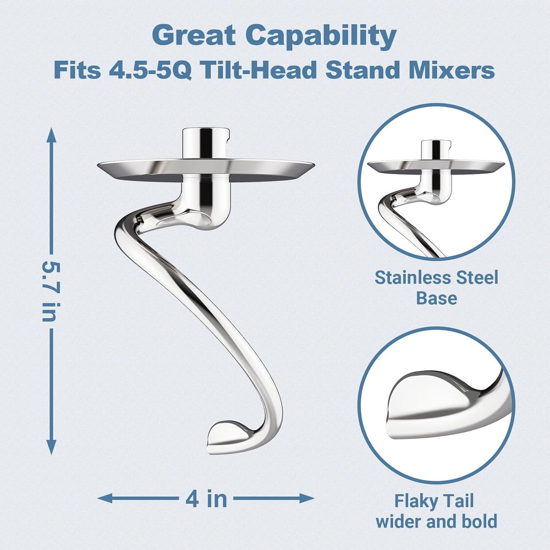 Cofun Edelstahl SpiralKnethaken für KitchenAid Zubehör, Knethaken für KitchenAid 4,5-5 Quart Kipp-St