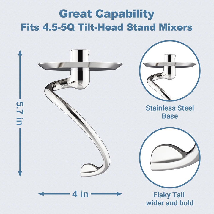 Cofun Edelstahl SpiralKnethaken für KitchenAid Zubehör, Knethaken für KitchenAid 4,5-5 Quart Kipp-St