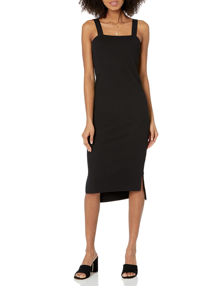 The Drop Damen Amelia Midi-Trägerkleid, enganliegend, gerader Ausschnitt XS Schwarz, XS Schwarz