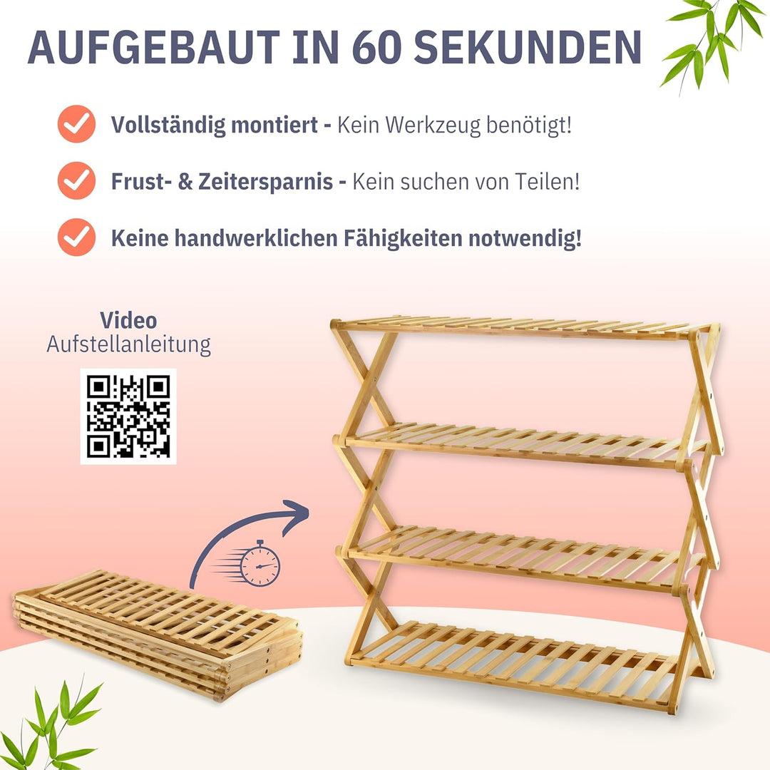 Felino® Schuhregal Schuhablage Organizer aus Bambus Holz offen | 70cm lang | Schuhorganizer offenes