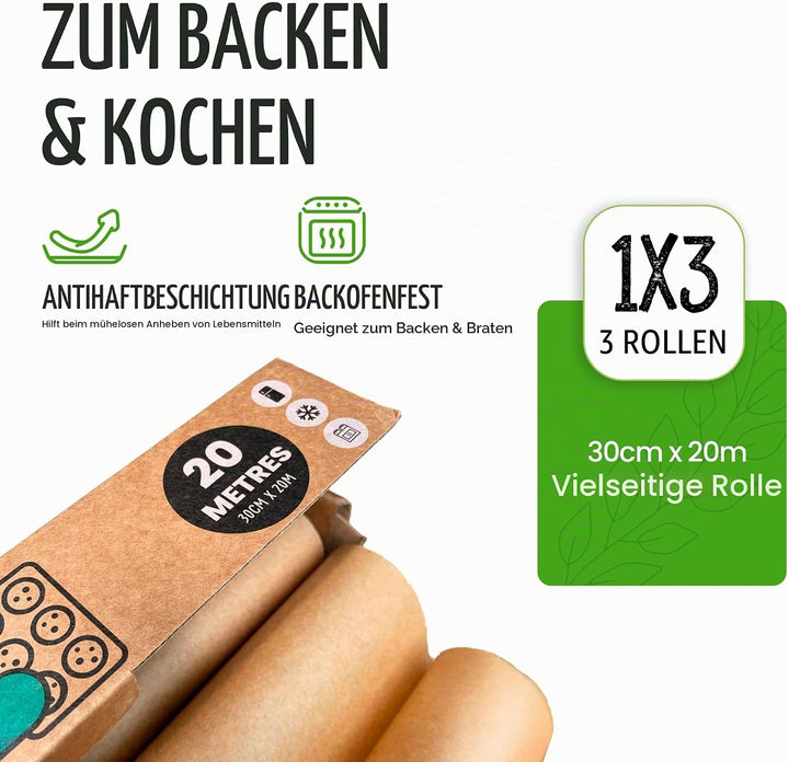 Eco Green Living Backpapier, 30 cm breit, braun. Ungebleichtes Backpapier, antihaftbeschichtet und f