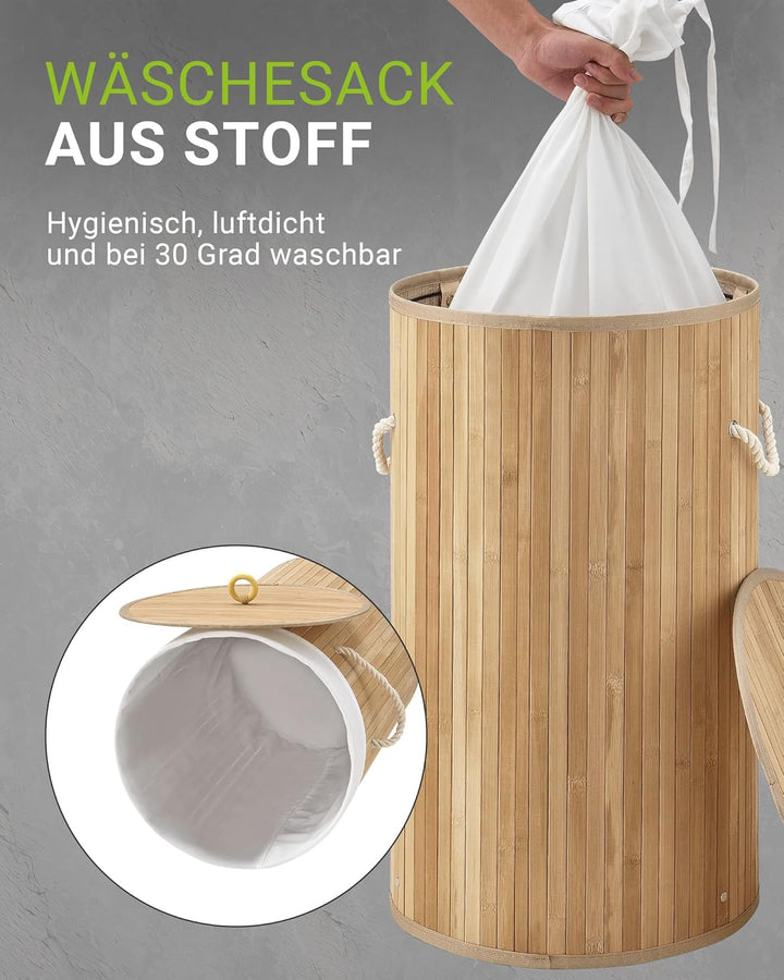Juskys Bambus Wäschekorb Curly-Round Natur 55L - Hygienischer & Faltbarer Wäschekorb mit Deckel, Tra