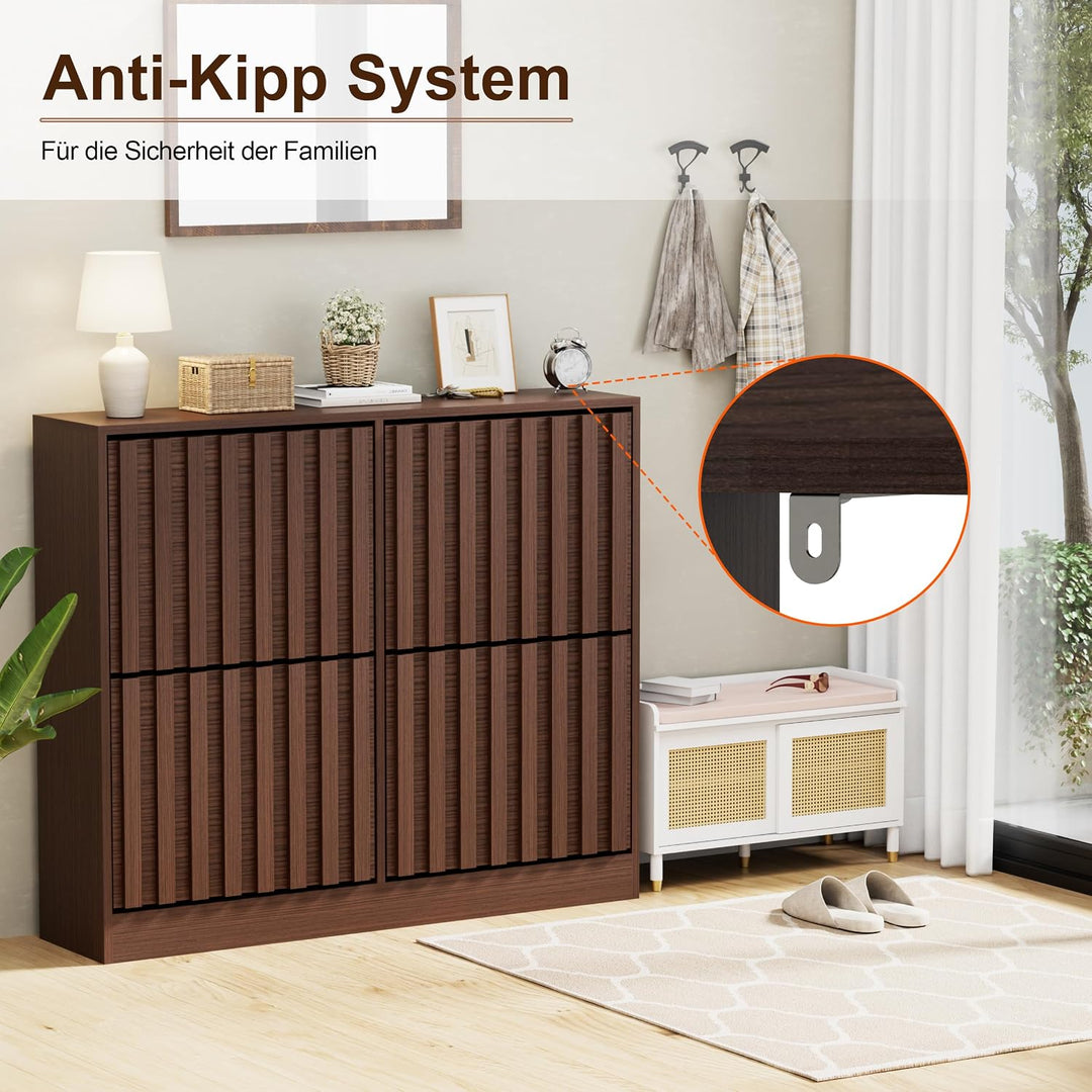 UEV Schuhschrank mit 4 Klappen Holz Schmal Schuhkipper Schuhkommode mit Kippschutz, Schuhaufbewahrun