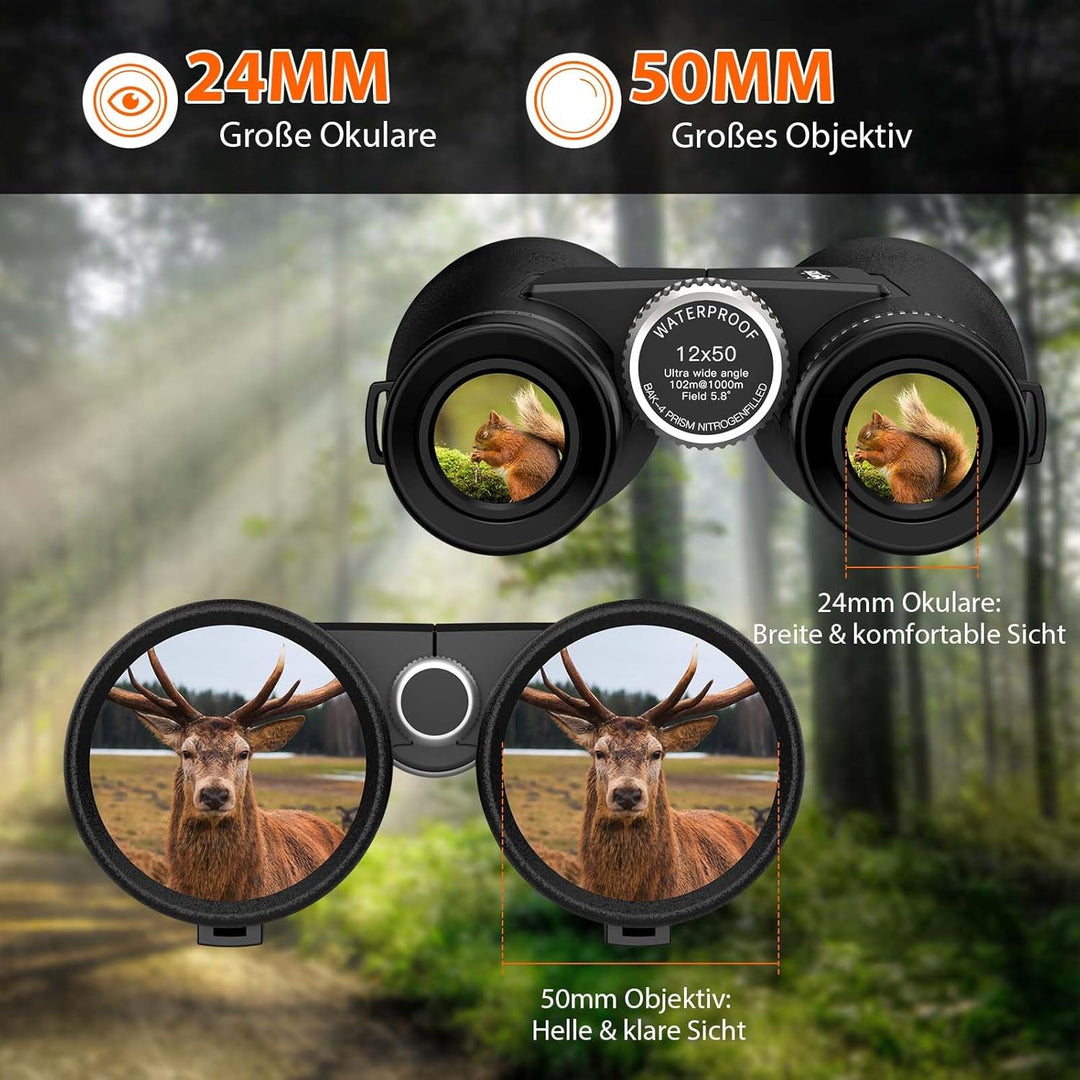 12x50 ED Fernglas für Erwachsene – Professionelles Dachkantprisma, HD-Optik, Rutschfester Griff, IPX