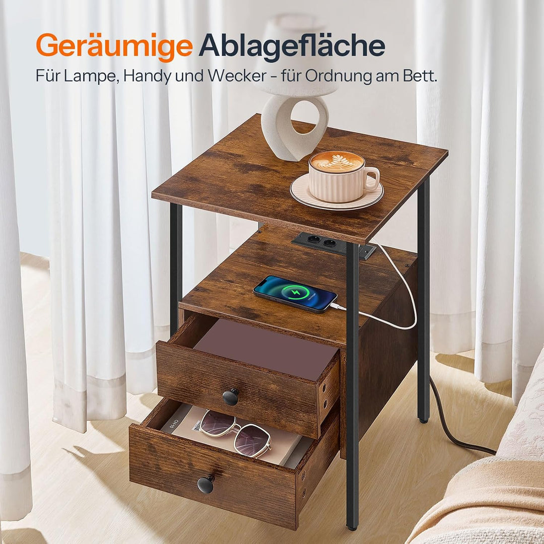 HOOBRO Nachttisch mit Ladestation, Beistelltisch, Sofatisch mit 2 Schubladen, Couchtisch mit USB-Ans