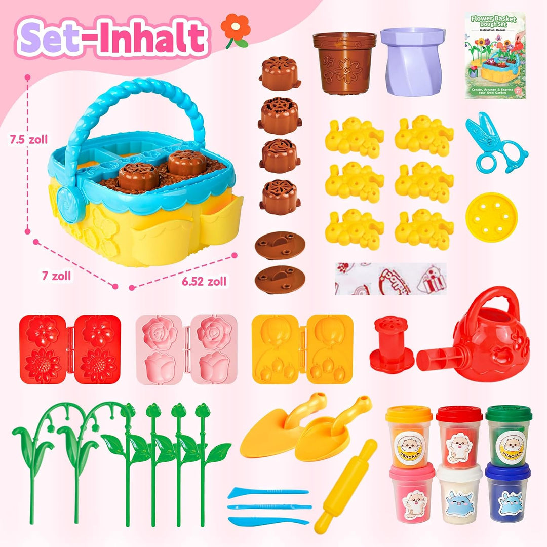 VBACALA Bunter Blumenspass Knete Set,43PCS Kreatives Bastelset mit 6 Farben Knetmasse, 10 Blumenform