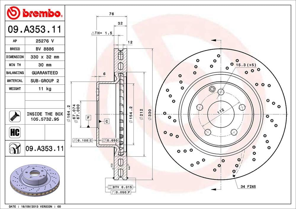 Brembo 09.A353.11 Vordere Bremsscheibe mit UV-Lackierung
