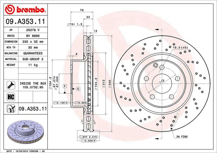 Brembo 09.A353.11 Vordere Bremsscheibe mit UV-Lackierung