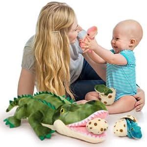 MorisMos 60cm lang Krokodil Kuscheltier XXL,Plüschkroko mit 3 kleinen Plüsch-Baby-Krokodilen im 3 Ei