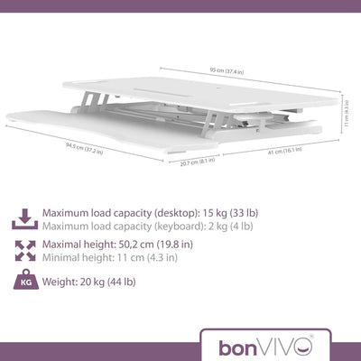 bonVIVO Höhenverstellbarer Schreibtisch-Aufsatz 95 x 40 - Sit-Stand-Erhöhung Macht Jede Workstation