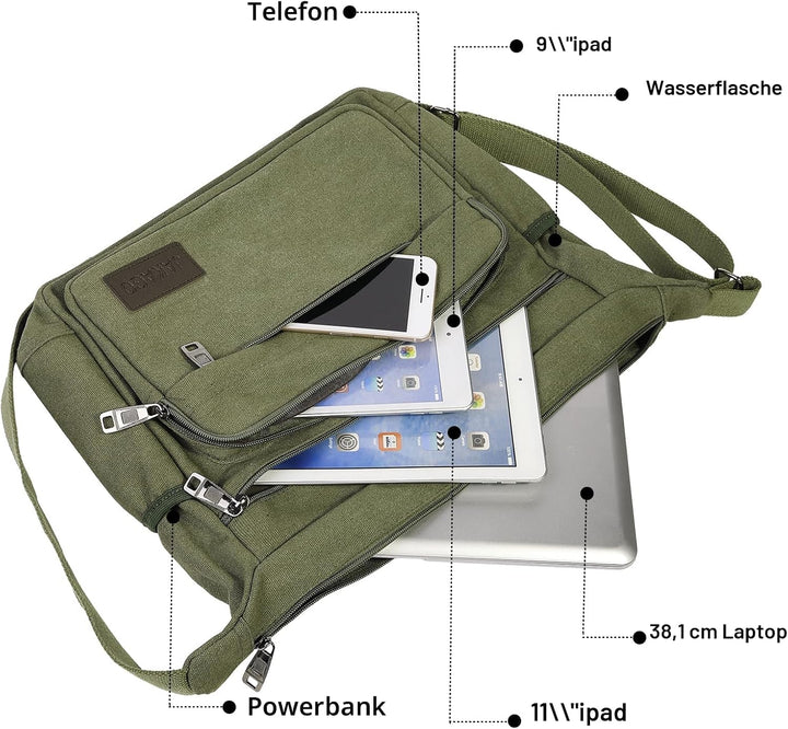 JAKAGO Wasserdichte Umhängetasche Herren,Multi-Tasche aus Segeltuch 15 Zoll Messenger Bag Arbeit Tas