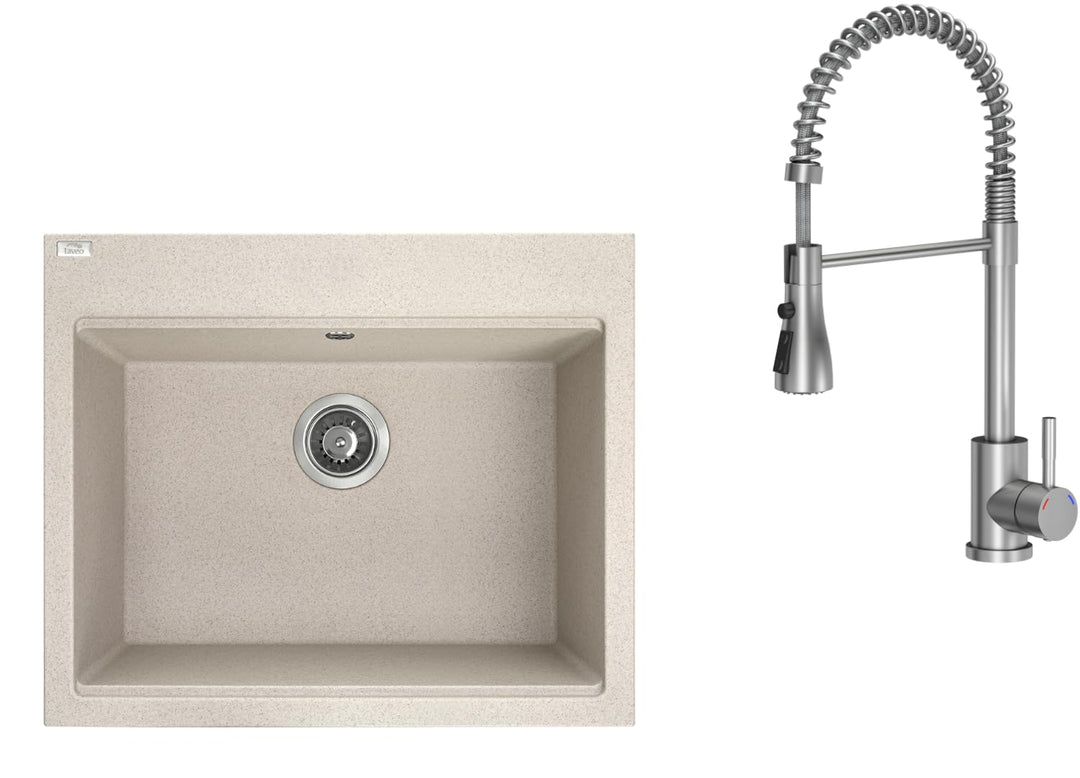 VBChome Spülbecken mit Armatur 60 x 50 cm Beige Einzelbecken Granit Rechteckig Einbauspüle Gesprenke