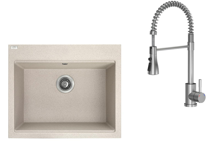 VBChome Spülbecken mit Armatur 60 x 50 cm Beige Einzelbecken Granit Rechteckig Einbauspüle Gesprenke