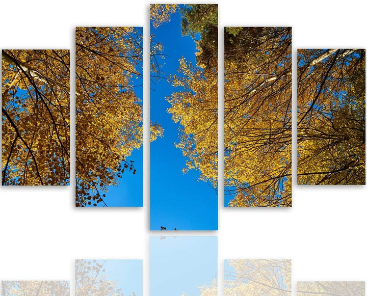 Feeby Leinwandbild 5 Teilig Bäume Bild Wanddeko Blätter Natur Himmel blau gelb 200x100 cm Leinwandbi