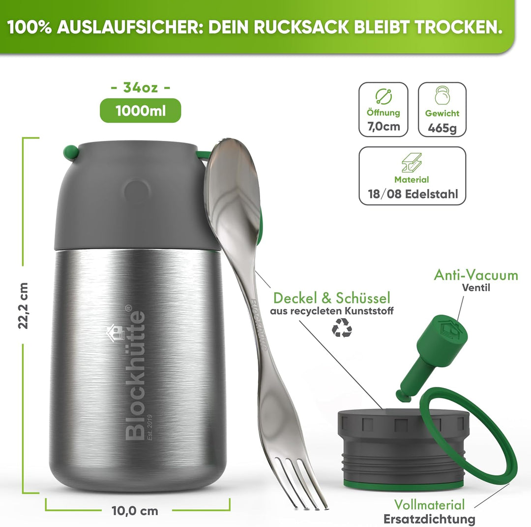 Blockhütte Edelstahl Thermobehälter für Essen I 1L I mit Spork, Bürste, Thermo Lunchbox für Kinder,