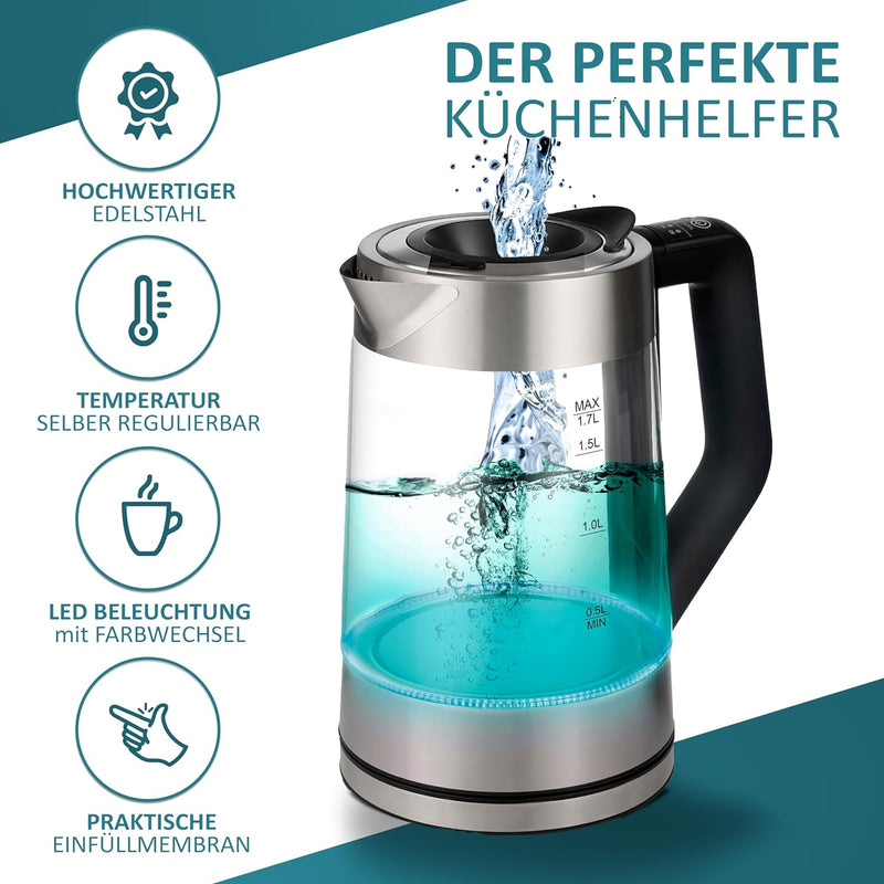 Glas Wasserkocher 1,7 Liter | 2200 Watt | Edelstahl mit Temperaturwahl | Teekocher | 100% BPA FREI |