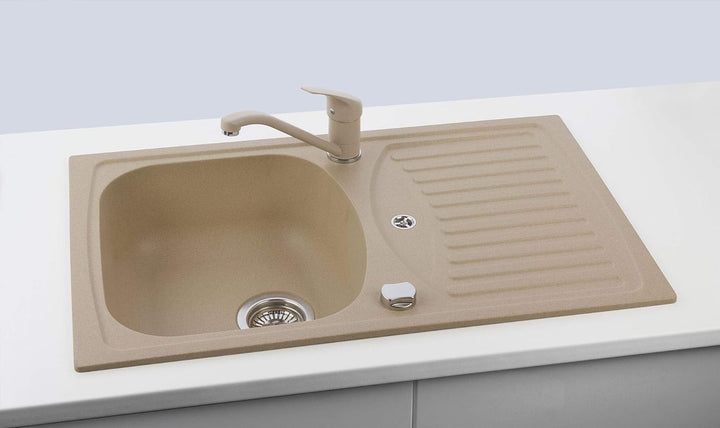 VBChome Spülbecken mit Armatur 78 x 48 cm Beige Drexexcenter Granit Einzelbecken Einbauspüle Abtroff