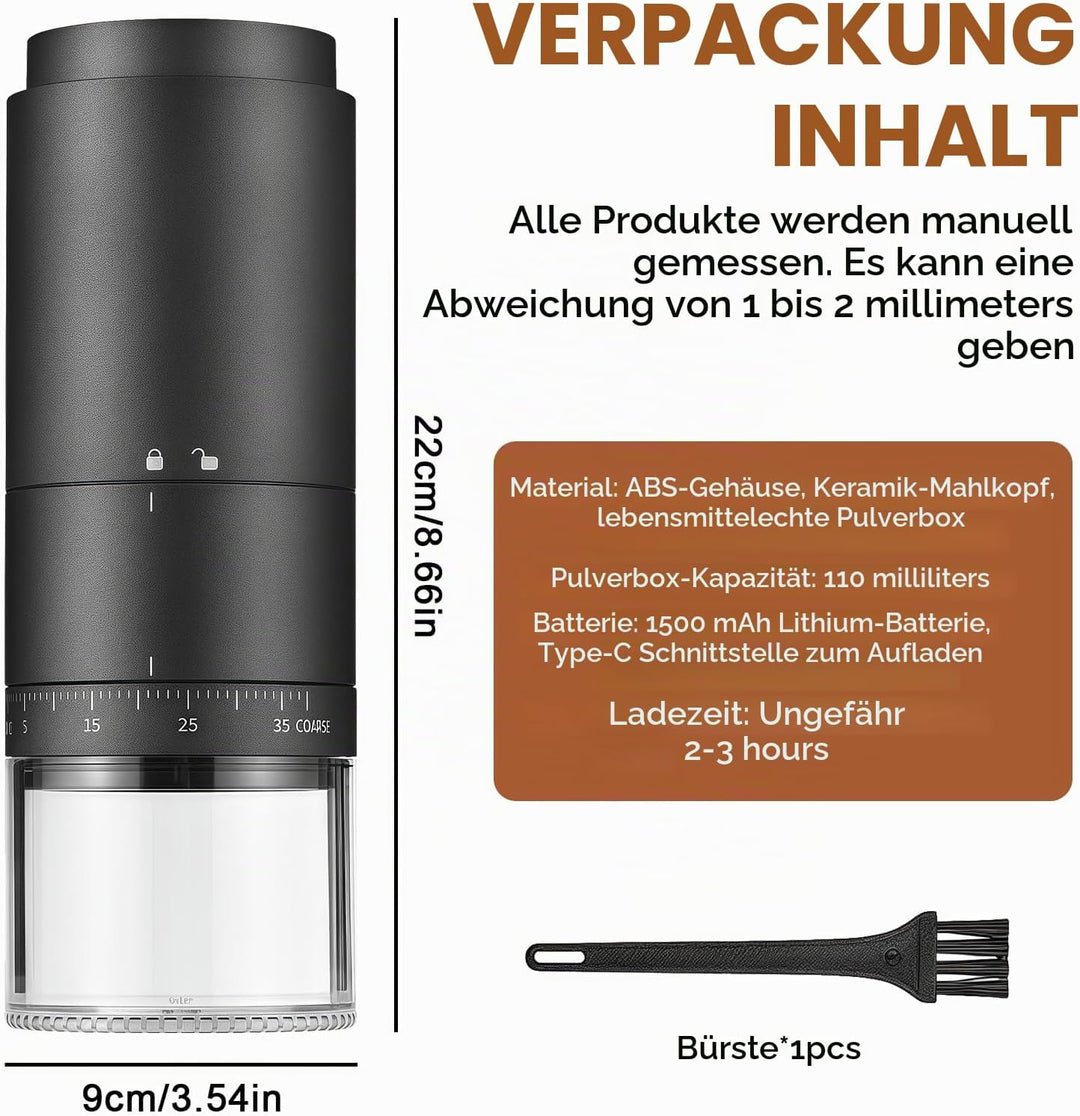 Tragbare Kaffeemühle, Elektrische Kaffeemühle mit 38 Einstellbaren Mahlgraden, Digitaler Leistungsan