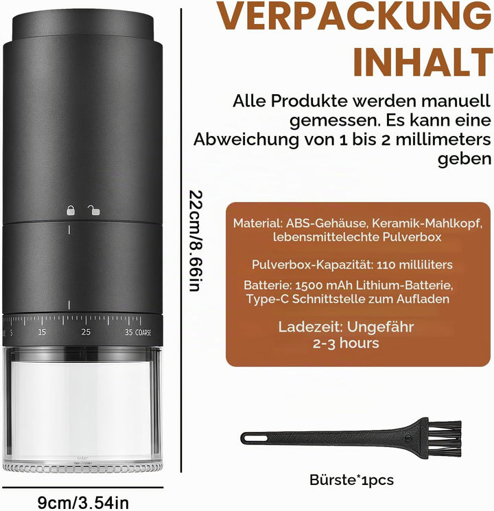 Tragbare Kaffeemühle, Elektrische Kaffeemühle mit 38 Einstellbaren Mahlgraden, Digitaler Leistungsan