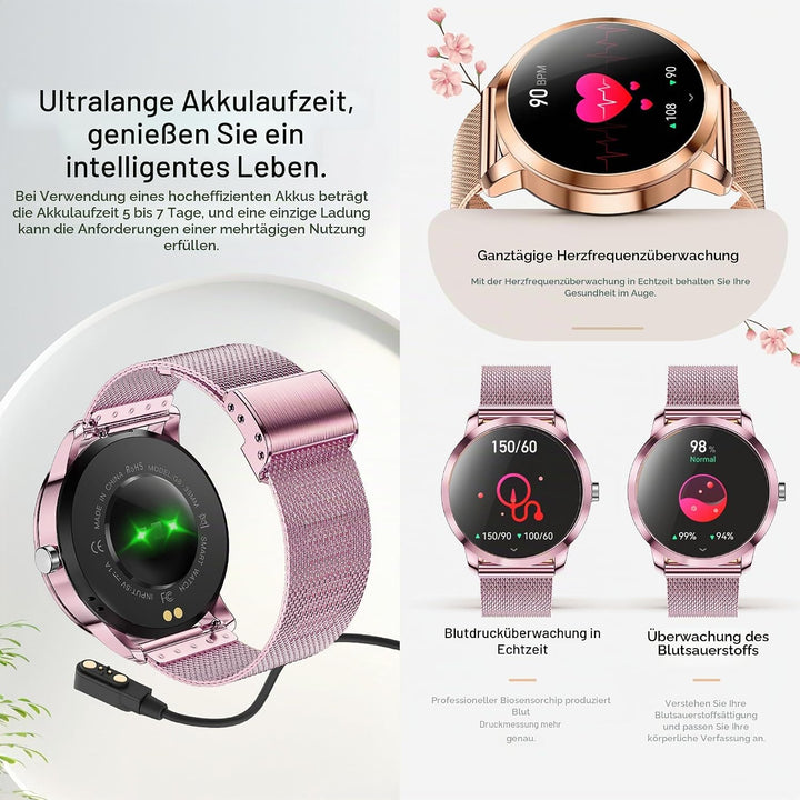 Smartwatch Damen mit Telefonfunktion, 1,09” Fitnessuhr mit 123 Sportmodi, Pulsmesser, Schlafmonitor,