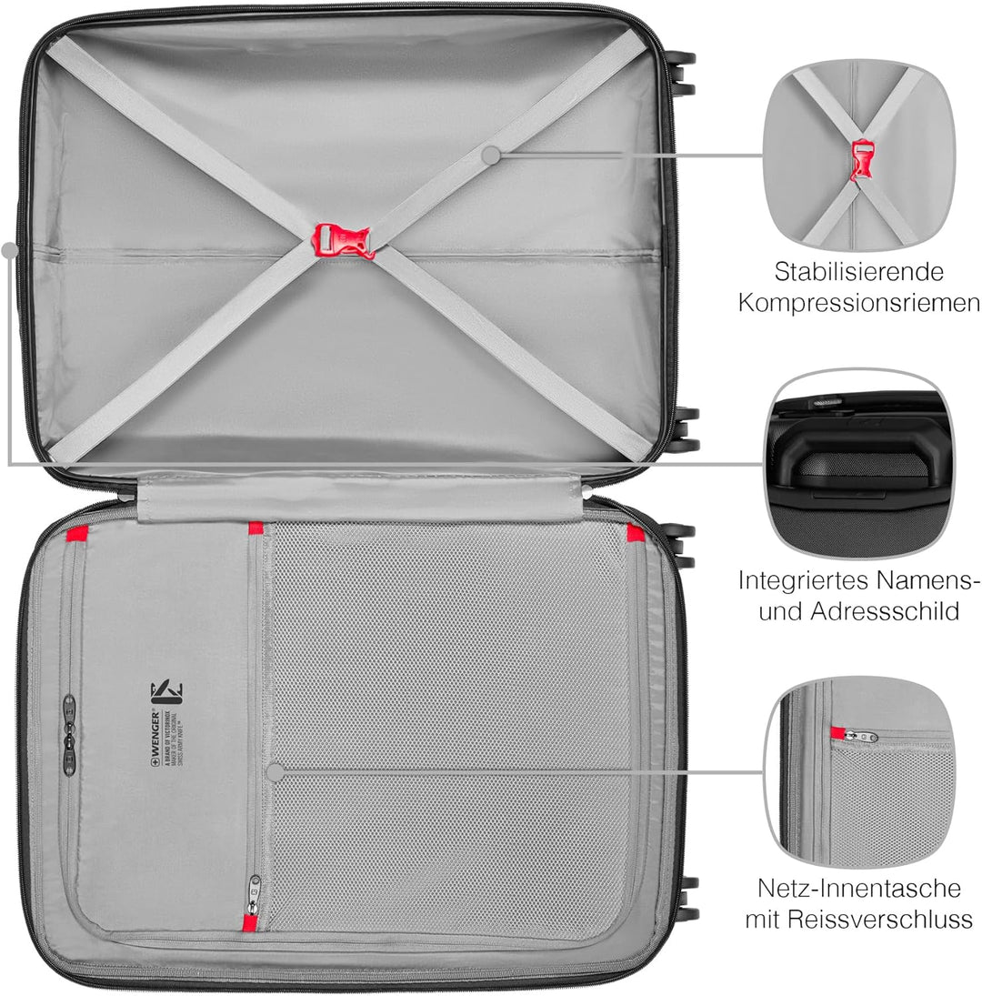 WENGER Prymo Medium Hartschalenkoffer mit 4 Rollen, Trolley, Mittelgross, 59 (67) l, Sicherheitsschl