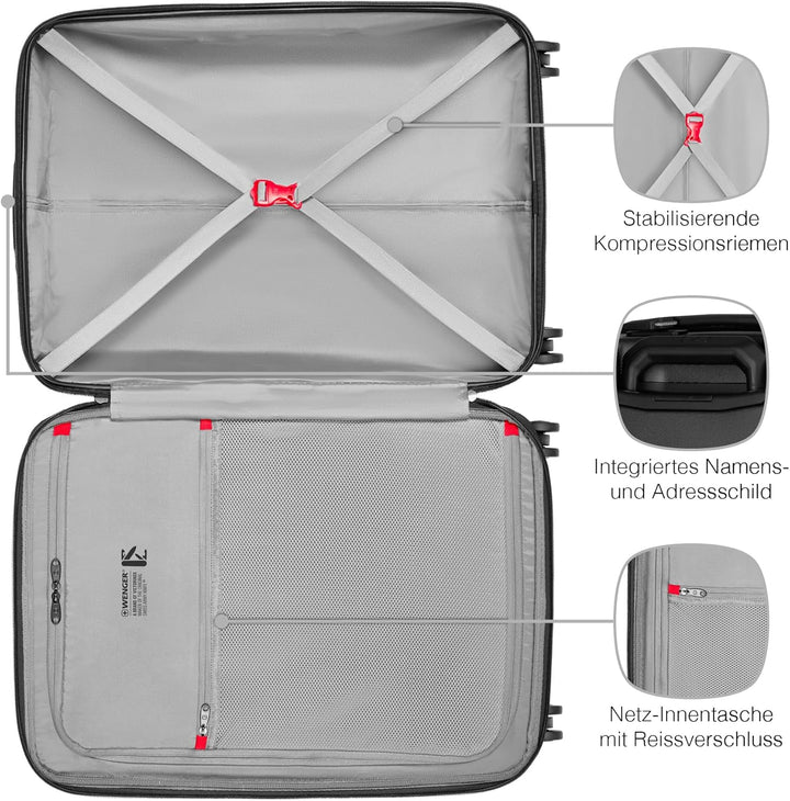 WENGER Prymo Medium Hartschalenkoffer mit 4 Rollen, Trolley, Mittelgross, 59 (67) l, Sicherheitsschl