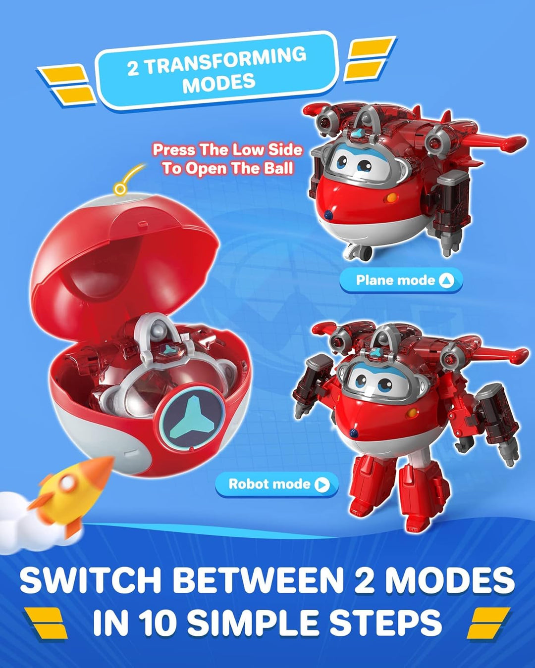 Super Wings EU760963 - Transforming Jett & Steel Power Ball, ca. 12,7 cm grosse verwandelbare Spiel-