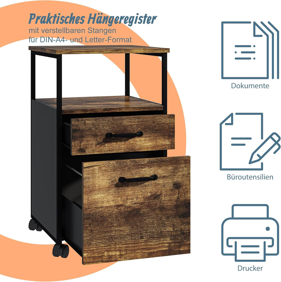Relaxdays Rollcontainer, 2 Schubladen, Hängeregister, Industrial-Design, HBT: 66,5x42x44 cm, Aktensc