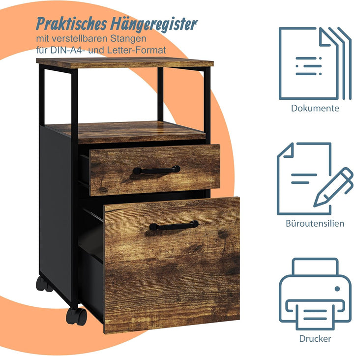 Relaxdays Rollcontainer, 2 Schubladen, Hängeregister, Industrial-Design, HBT: 66,5x42x44 cm, Aktensc